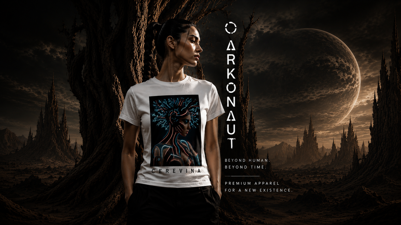 A model stands in a dark, sci-fi alien landscape wearing a white crewneck t-shirt with a black graphic print. The graphic features a stylized blue and black face design with the text 'CERVINA' and 'ARKONAUT' vertically displayed on the right side.